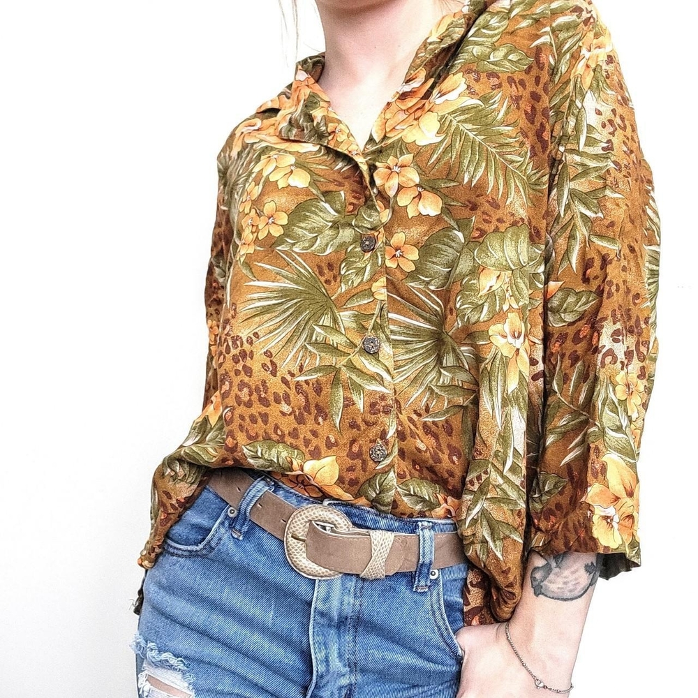 Studio Brown and Green Tropical Button Down Shirt